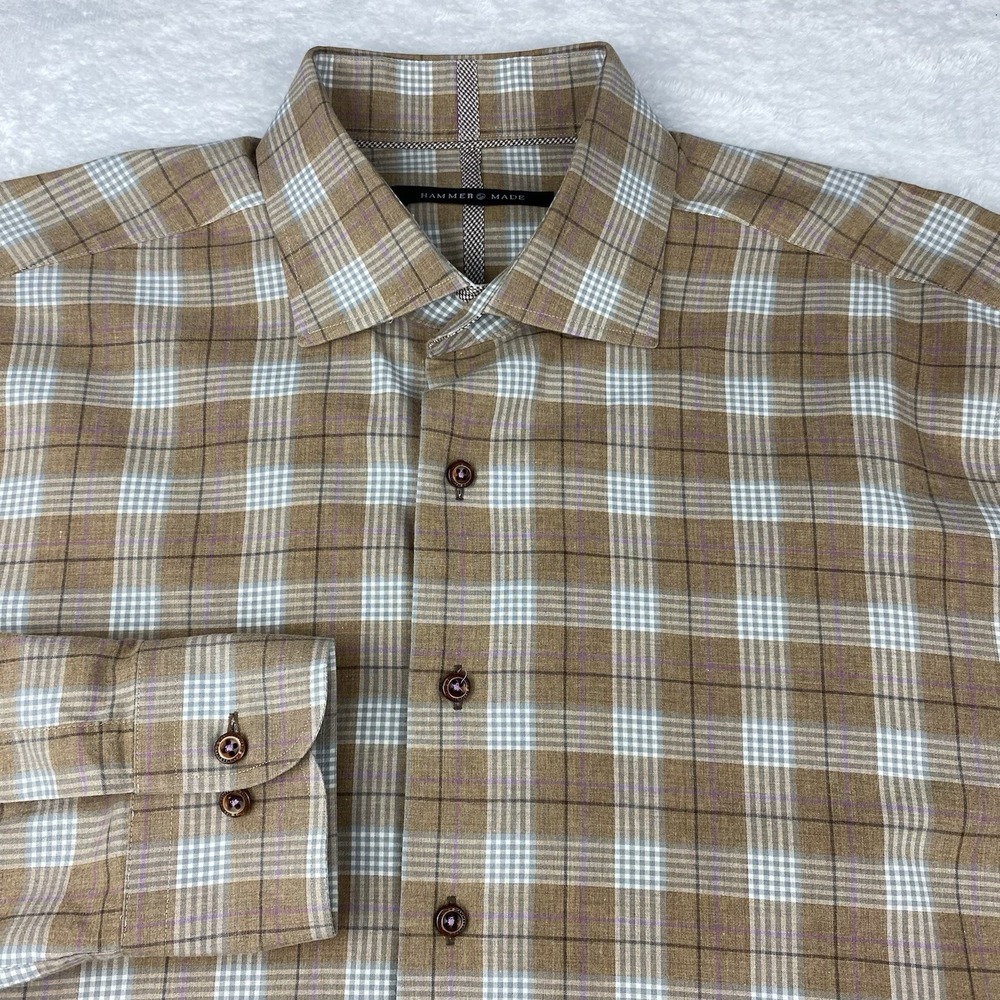Hammer Made Dress Shirt Mens 16.5 Tan Plaid Regular Fit Long Sleeves